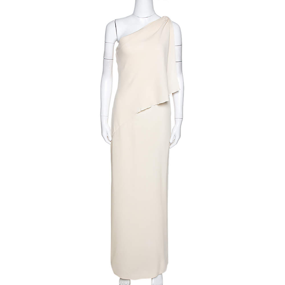 Pre Owned Valentino Boutique Cream Crepe Draped One Shoulder Dress M
