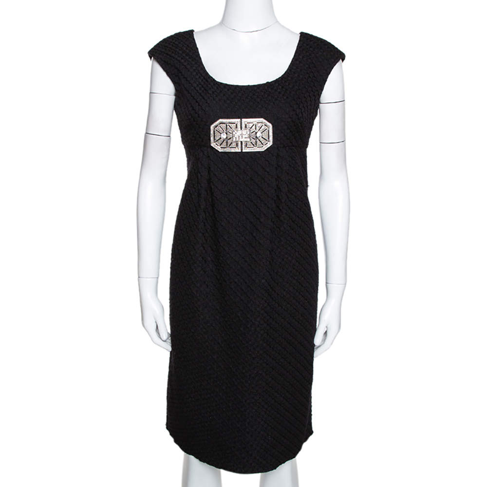 Pre Owned Valentino Black Textured Wool Bejewelled Sheath Dress M