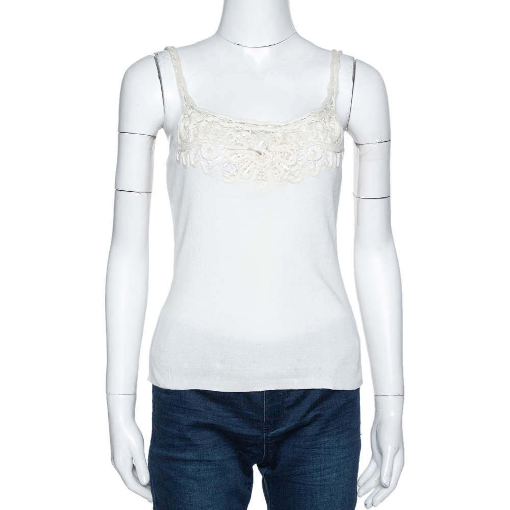 Pre Owned Valentino Off White Cotton Sequined Lace Trim Tank Top M