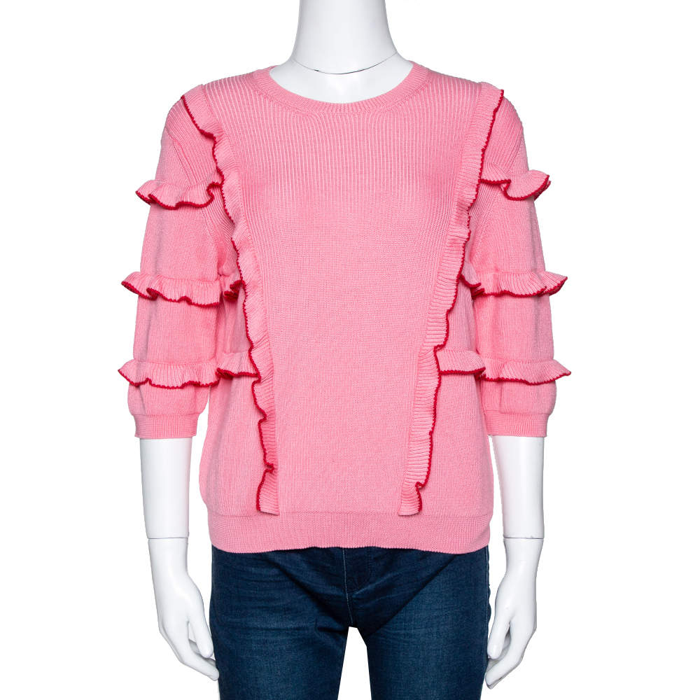 Pre Owned Valentino Pink Cotton Knit Ruffle Trim Sweater M 