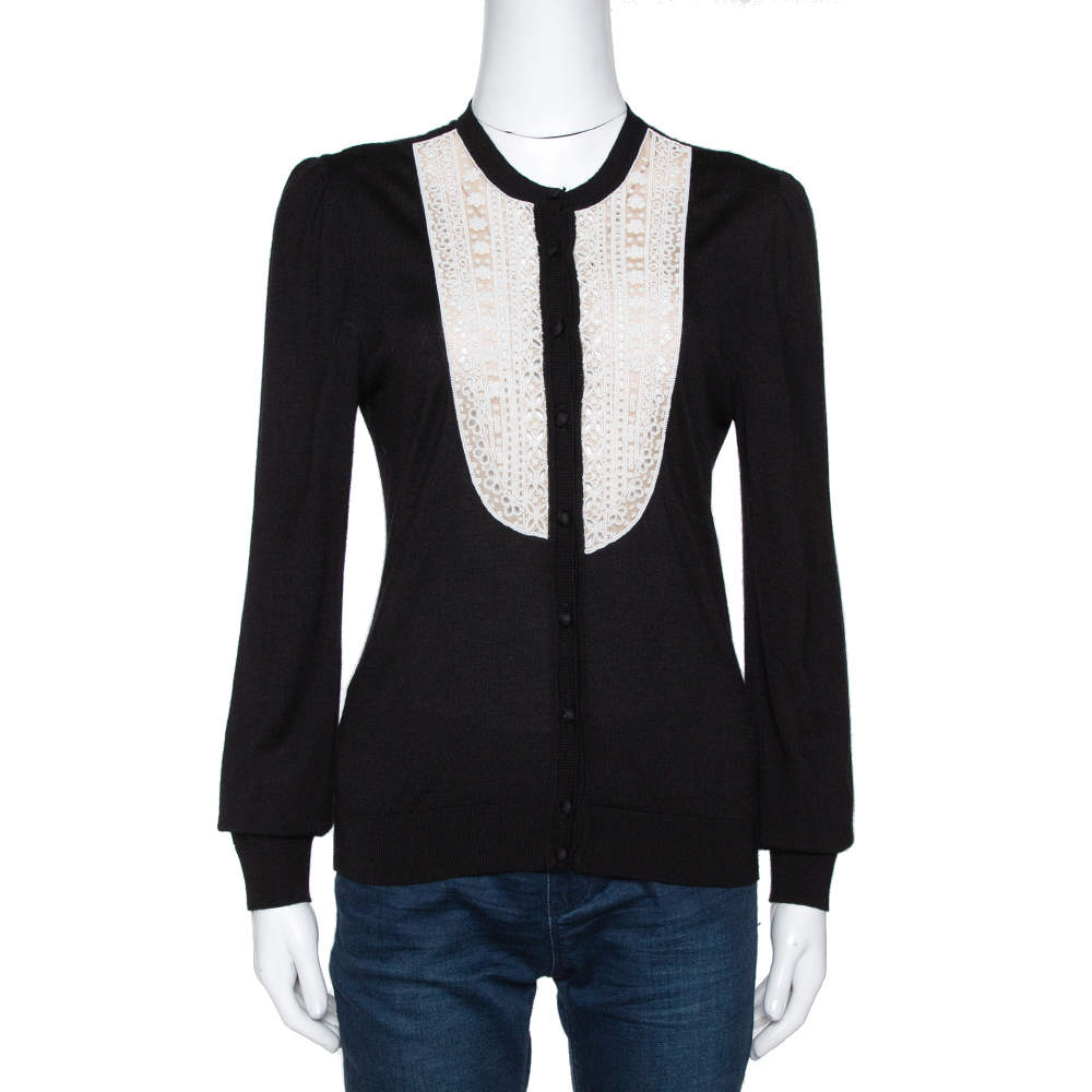 Pre Owned Valentino Black Silk Wool Blend Embellished Yoke Cardigan L