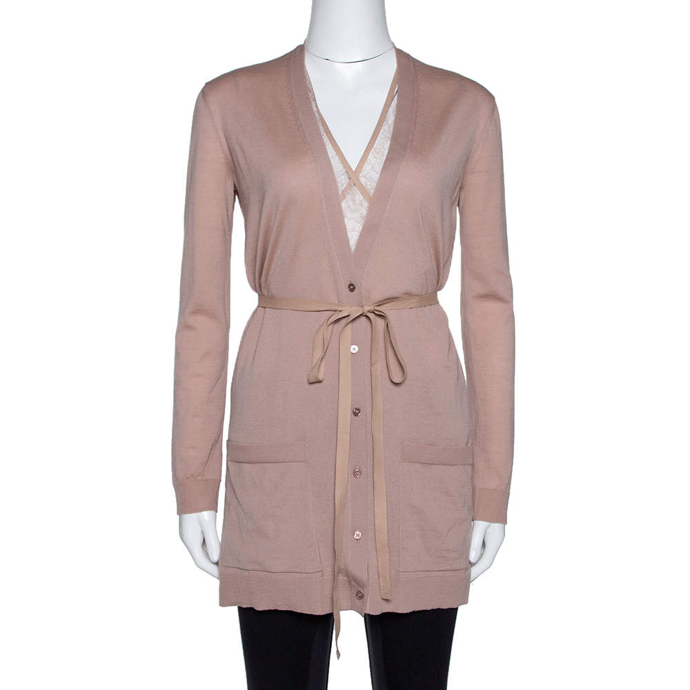 Pre Owned Valentino Blush Pink Wool & Lace Belted Cardigan XS