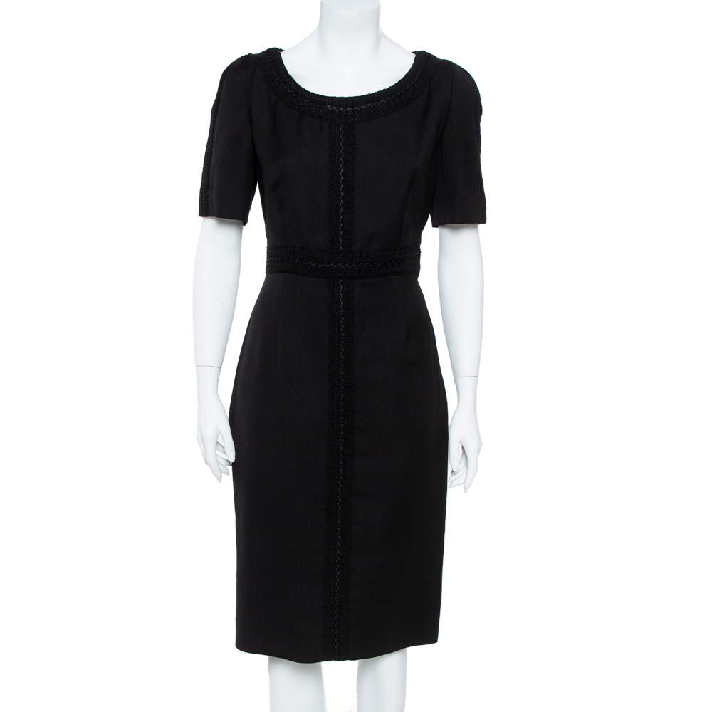 Pre Owned Valentino Black Silk Wool Tonal Lace Trim Sheath Dress L