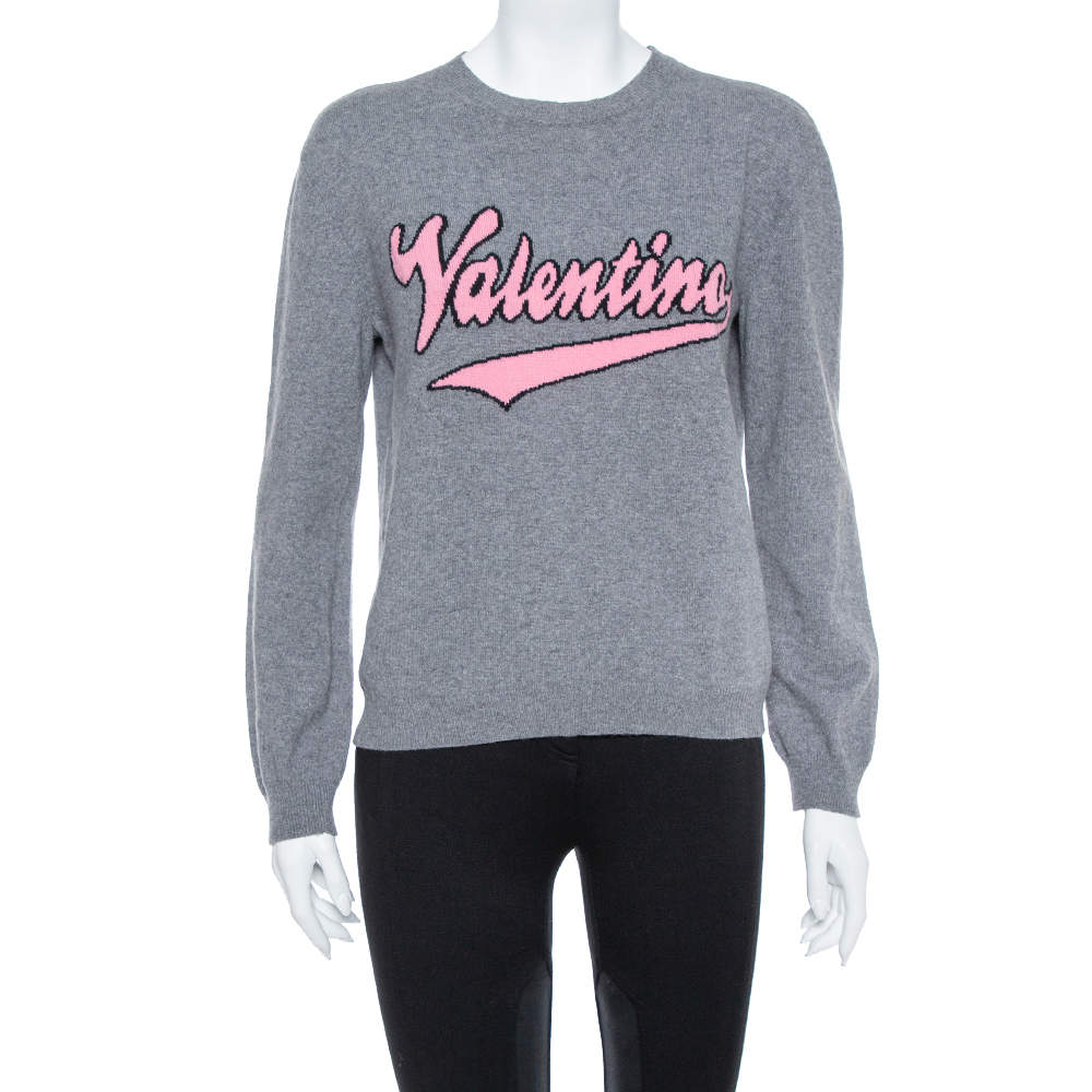 Pre Owned Valentino Grey Cashmere Blend Logo Intarsia Crewneck Sweater M