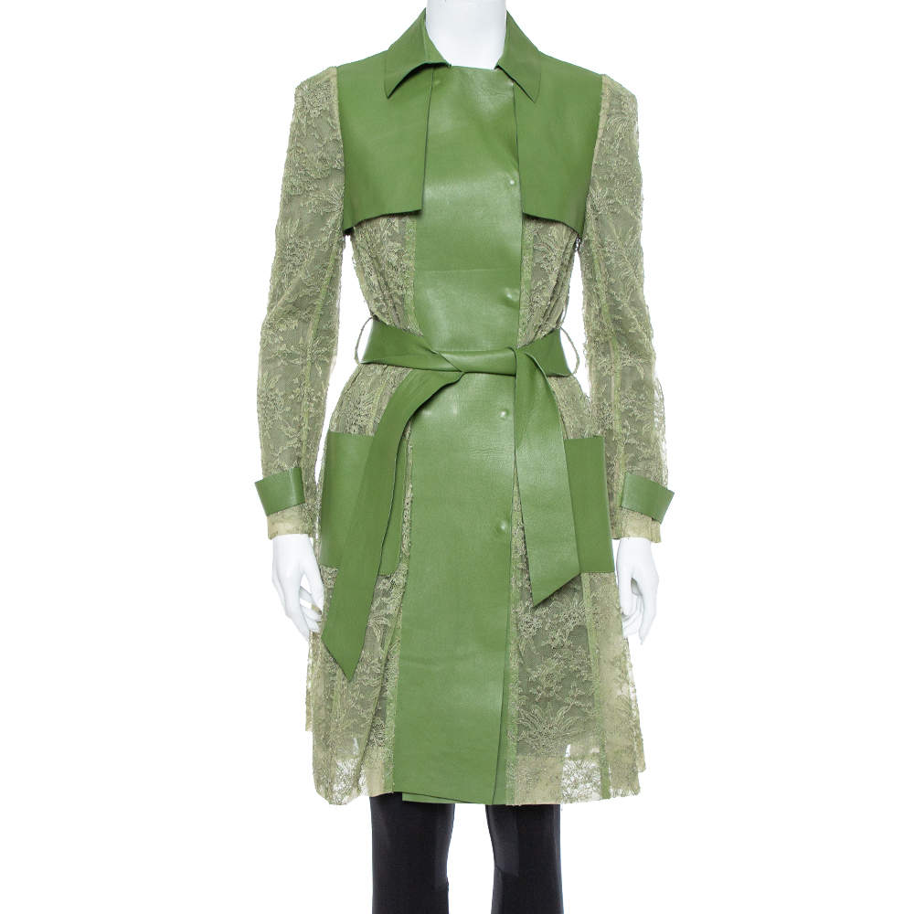 Pre Owned Valentino Green Leather & Lace Belted Trench Coat M