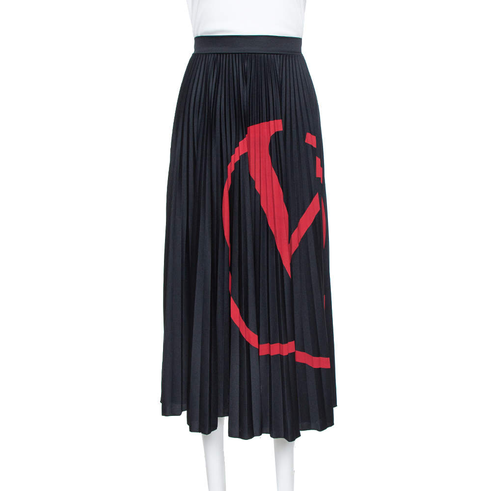 Valentino Black Logo Printed Jersey Pleated Midi Skirt L