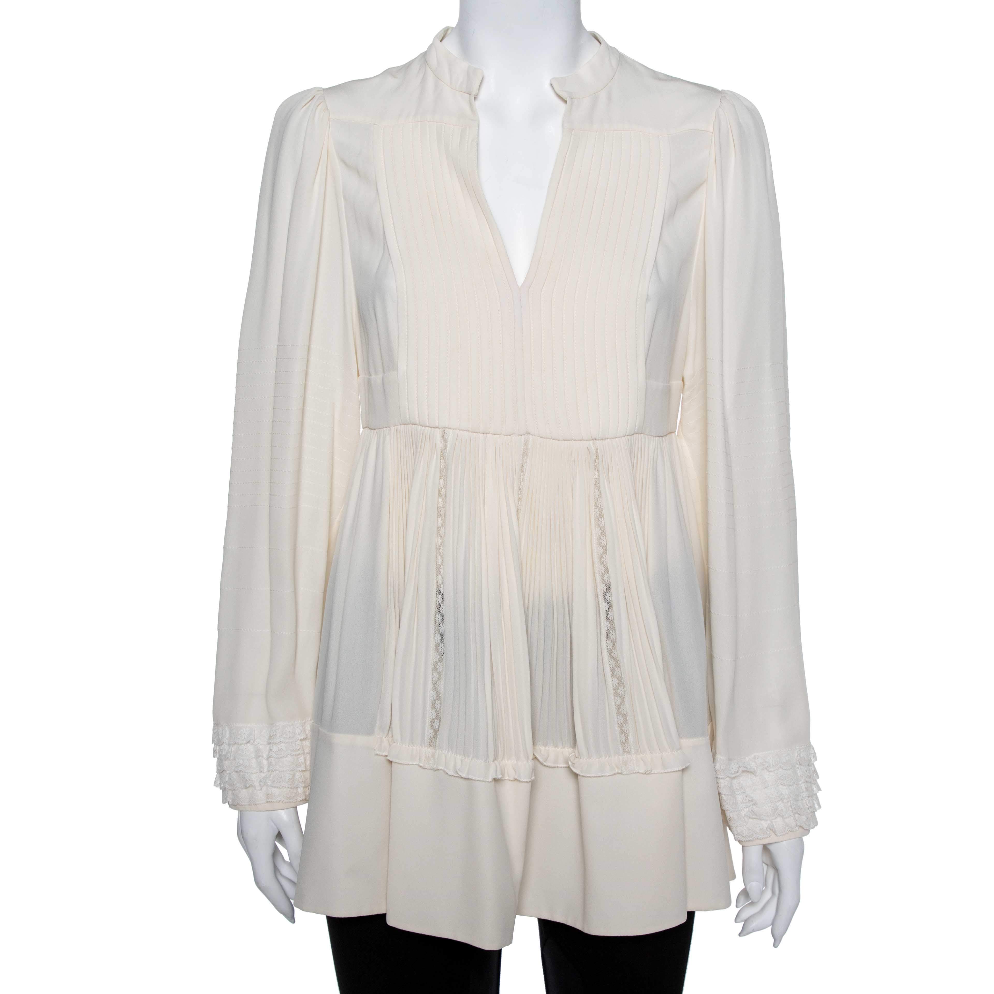 Pre Owned Valentino Cream Silk & Lace Pintuck Detail Tunic M