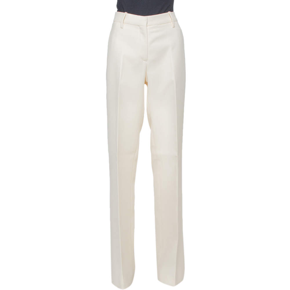 Pre Owned Valentino Cream Wool Wide Leg Tailored Trousers S