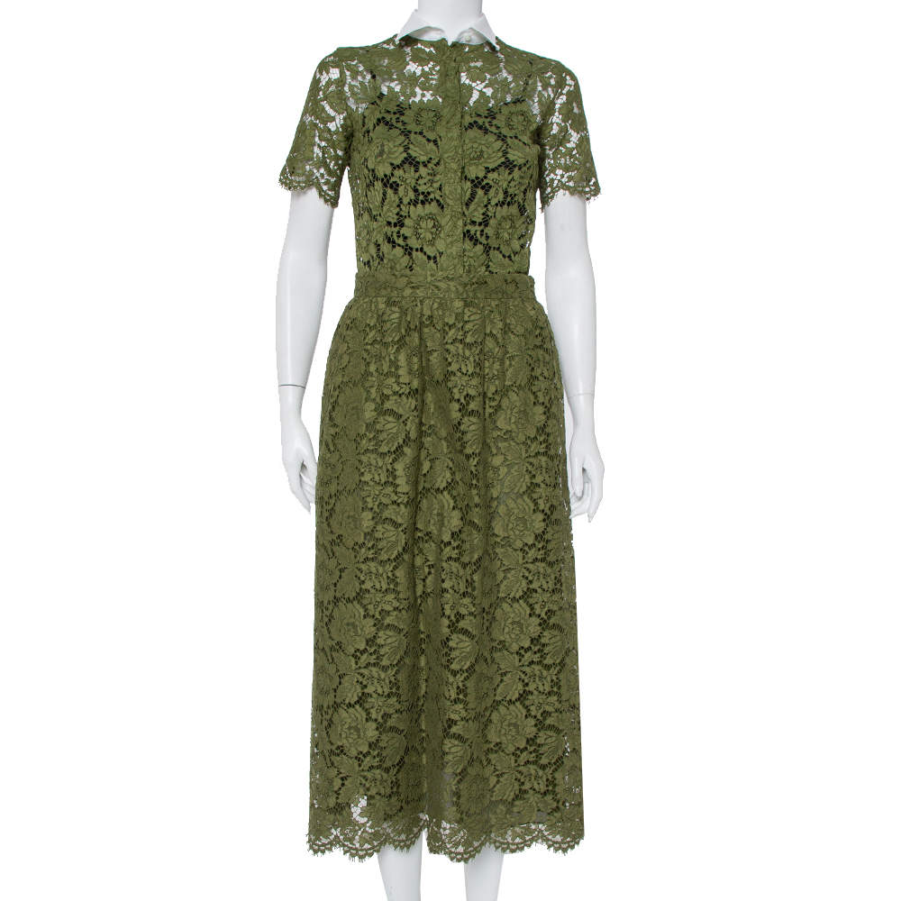 Pre Owned Valentino Green Lace Button Front Shirt & Midi Skirt Set S