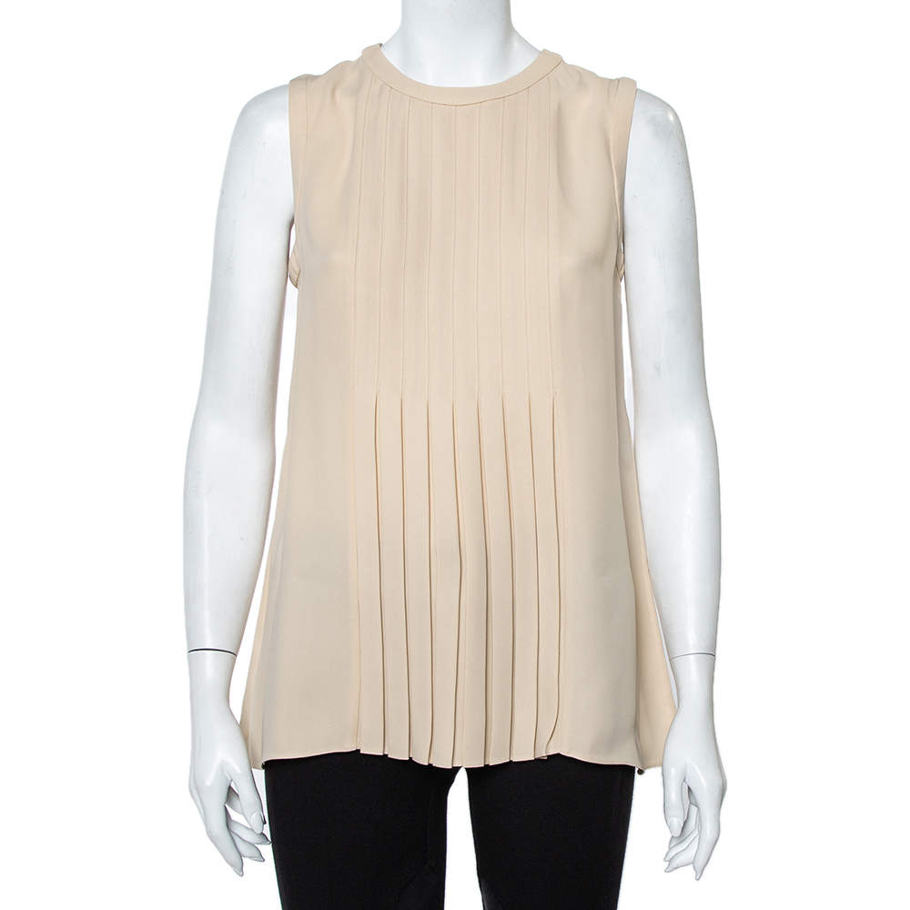 Pre Owned Valentino Beige Silk Pleated Front Sleeveless Top M