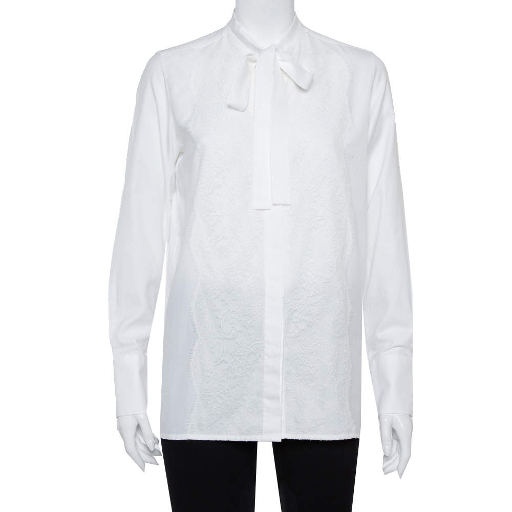 Pre Owned Valentino White Cotton Neck Tie Detail Lace Front Shirt M