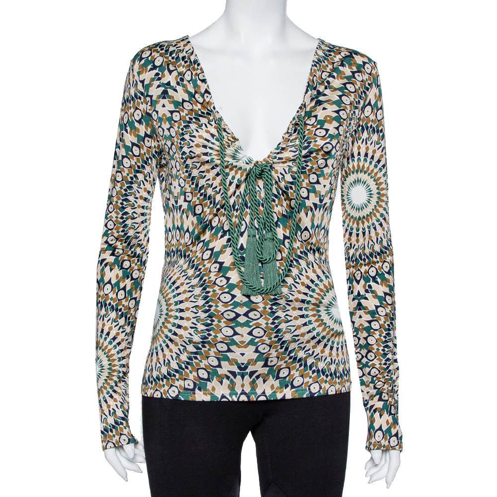 Pre Owned Valentino Multicolor Printed Knit Front Tie Detail Top L
