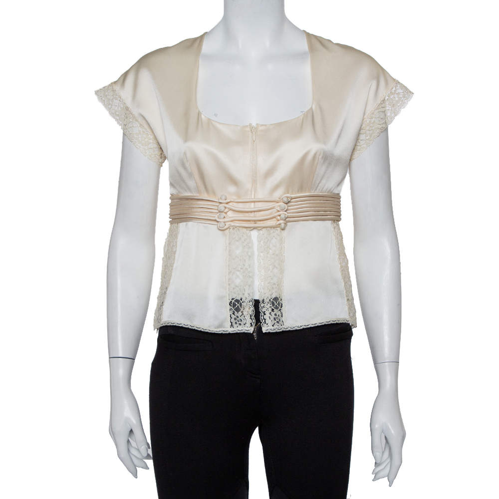 Pre Owned Valentino Vintage Cream Silk Satin & Lace Scoop Neck Top M
