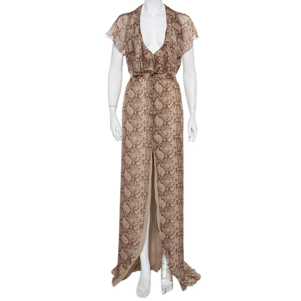 Pre Owned Valentino Beige Snakeskin Printed Silk Ruffled Halter Neck Maxi Dress M