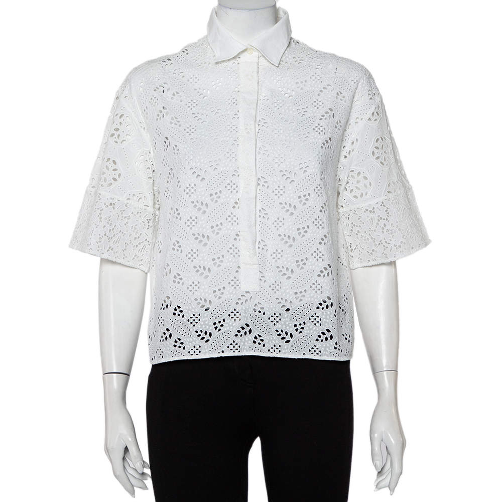 Pre Owned Valentino White Eyelet Lace Collared Button Front Shirt M