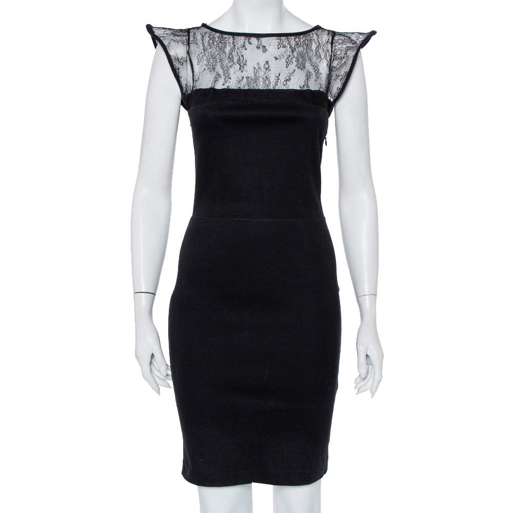 Pre Owned Valentino Black Knit & Lace Paneled Sheath Dress M