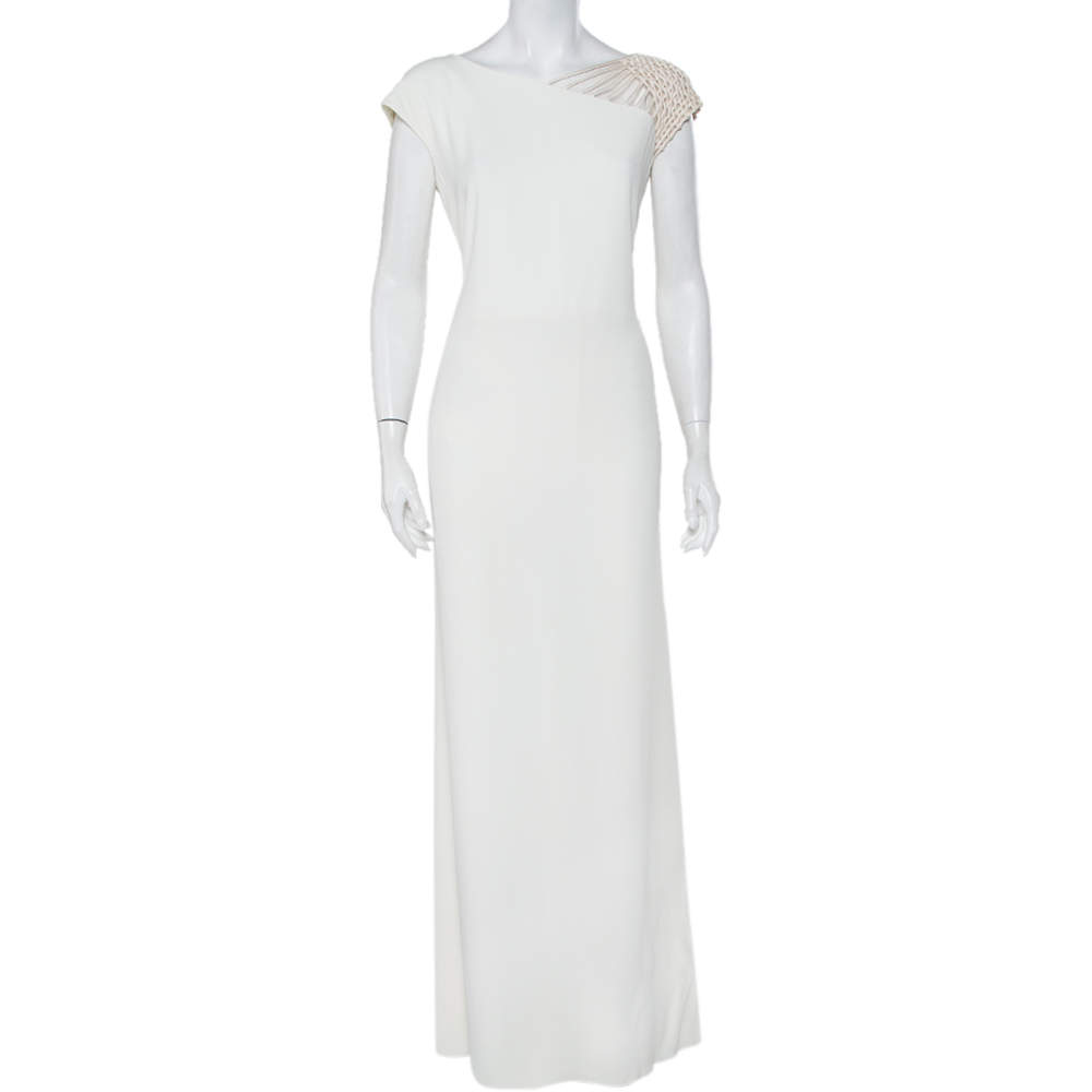 Valentino Boutique Vintage White Crepe Mesh Sleeve Detail Maxi Dress