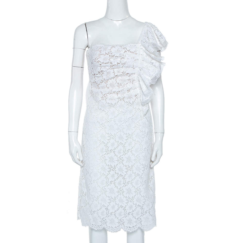 مملوكة مسبقًا Valentino White Lace Ruffle Detail One Shoulder Midi Dress M