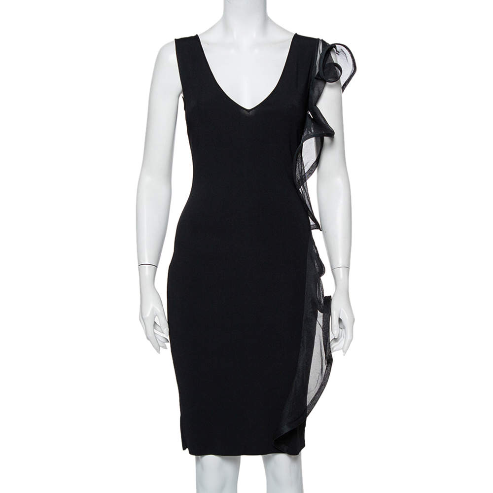 Pre Owned Valentino Black Knit Structured Ruffle Detail Sheath Dress S