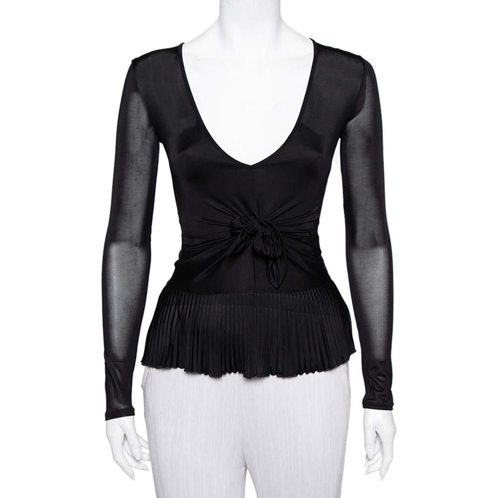 Pre Owned Valentino Black Jersey Plisse Detail Plunge Neck Top M