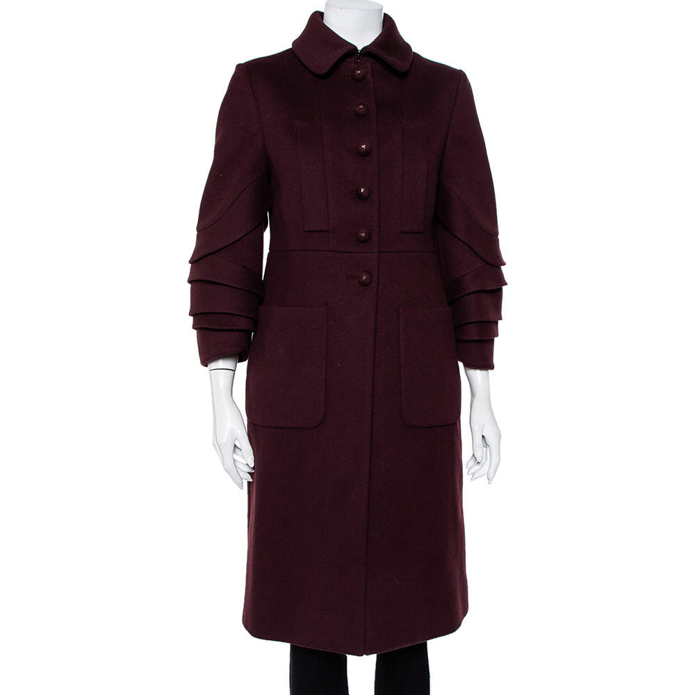 Valentino Hiver 2008 Burgundy Wool Ruffle Sleeve Button Front Coat M