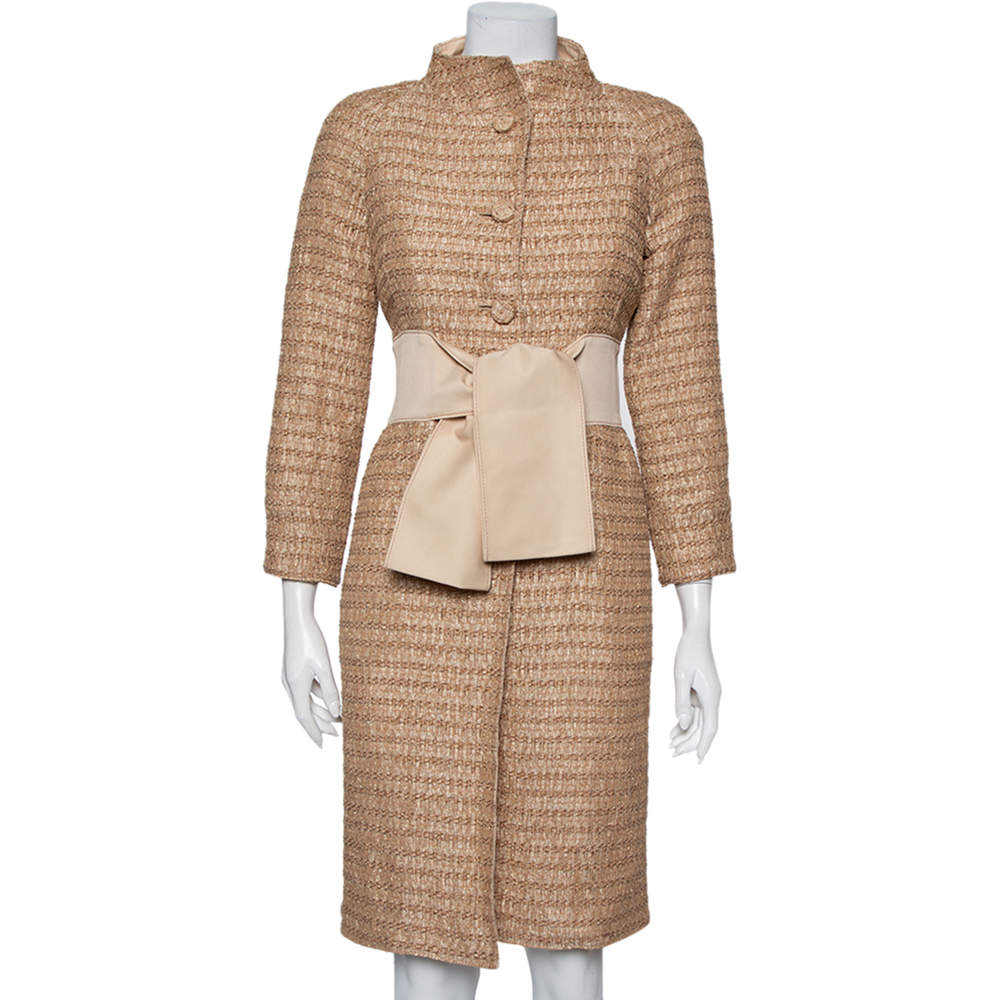 Pre Owned Valentino Cream Lurex Tweed Mid Length Coat S