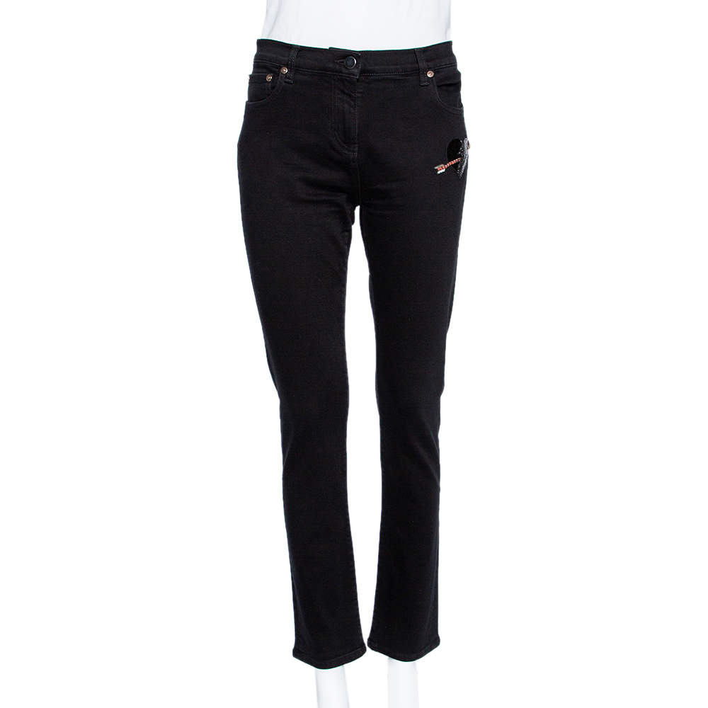 Pre Owned Valentino Black Denim Embellished love Detail Slim Fit Jeans L