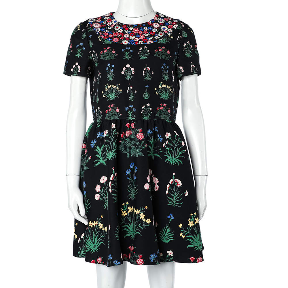 Valentino Black Floral Print Wool & Silk Mini Dress M