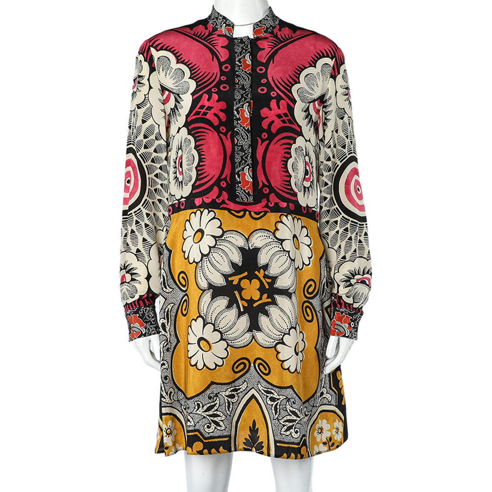 Pre Owned Valentino Multicolor Floral Print Silk Button Up Dress M