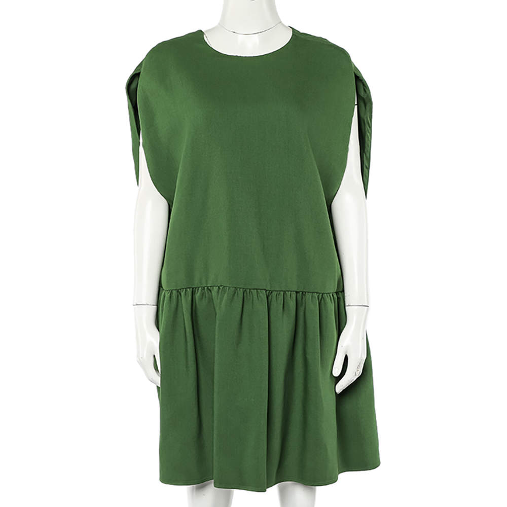 Valentino Green Wool & Silk Pleated Detail Oversized Mini Dress M