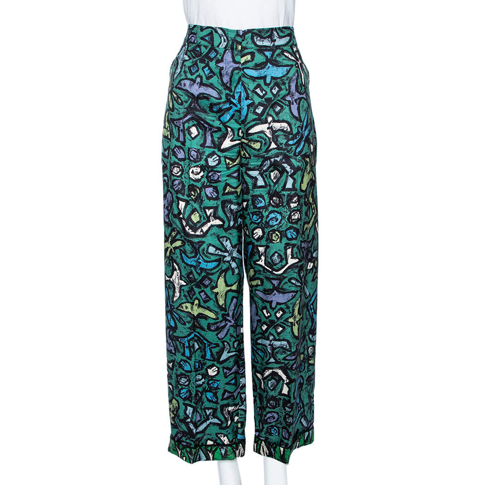 Pre Owned بنطلون فالنتينو غرافيتي خرير أخضر قصة مستقيمة مقاس كبير - لارج
