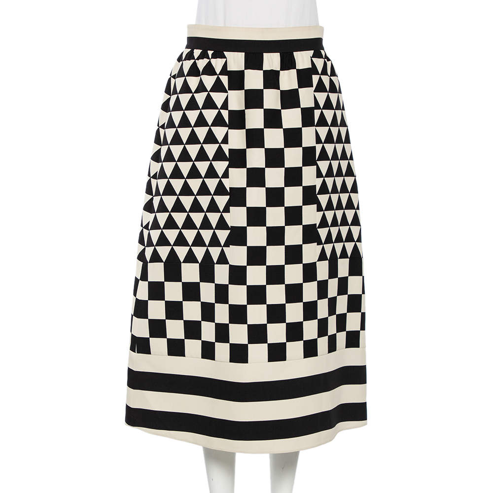Pre Owned Valentino Checkered Monochrome Wool Midi Skirt M 