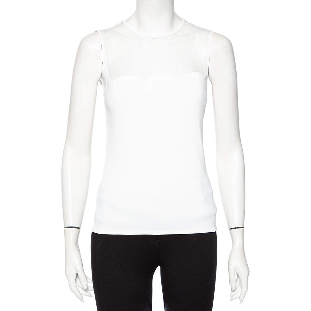 Pre Owned Valentino White Knit Mesh Inset Sleeveless Top L 