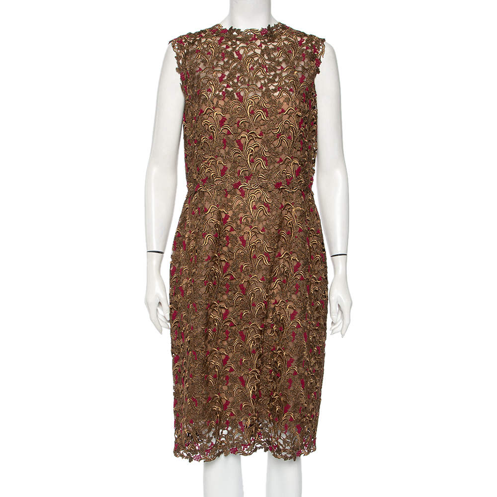 Pre Owned Valentino Bronze Lace Overlay Sheath Dress L 