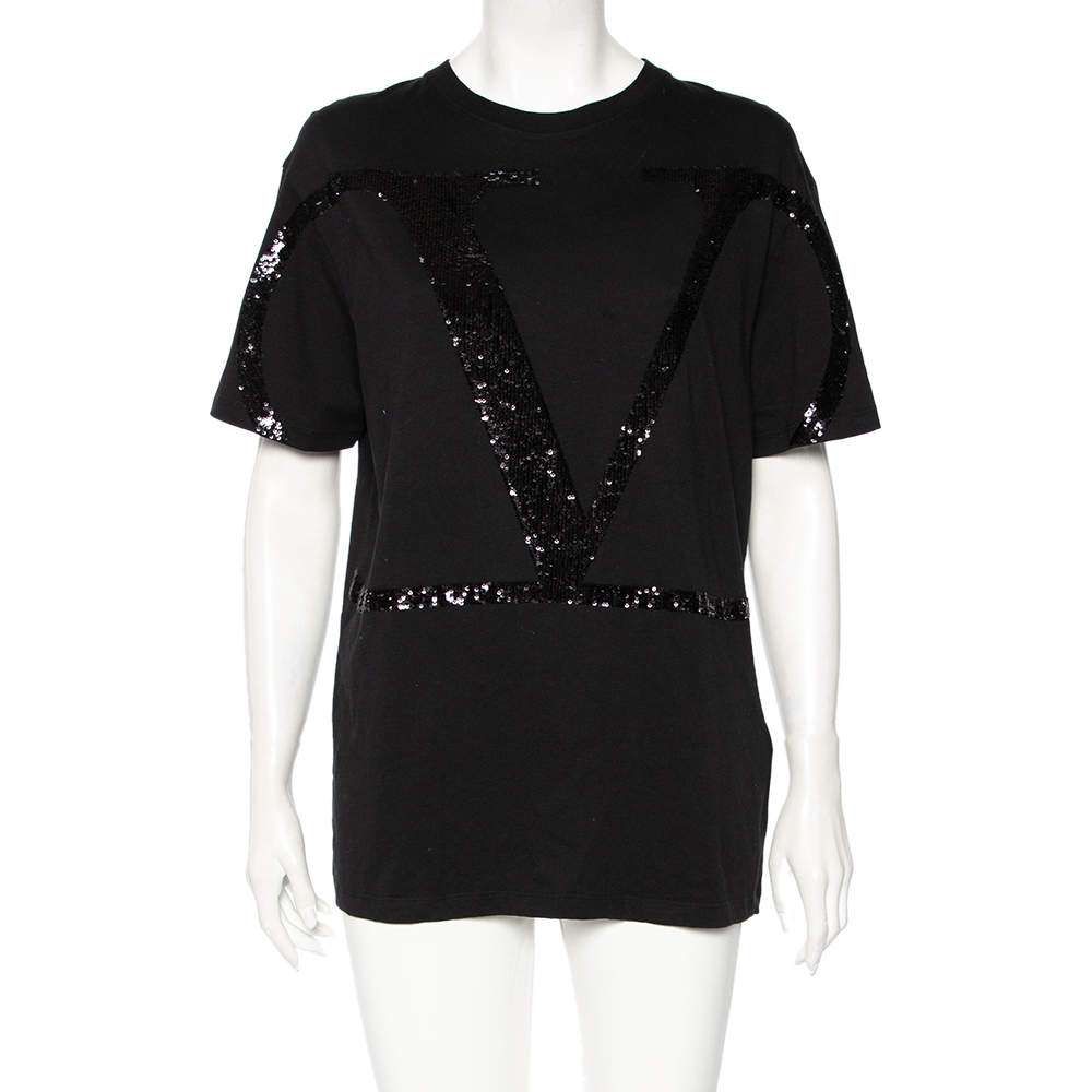 Pre Owned Valentino Black Cotton VLogo Sequence Embellished T-Shirt M 