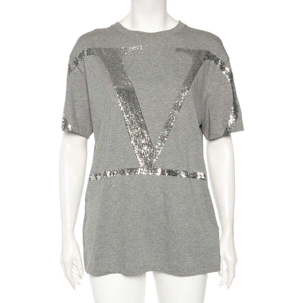 Pre Owned Valentino Grey Cotton VLogo Sequins Embellished T-Shirt M 