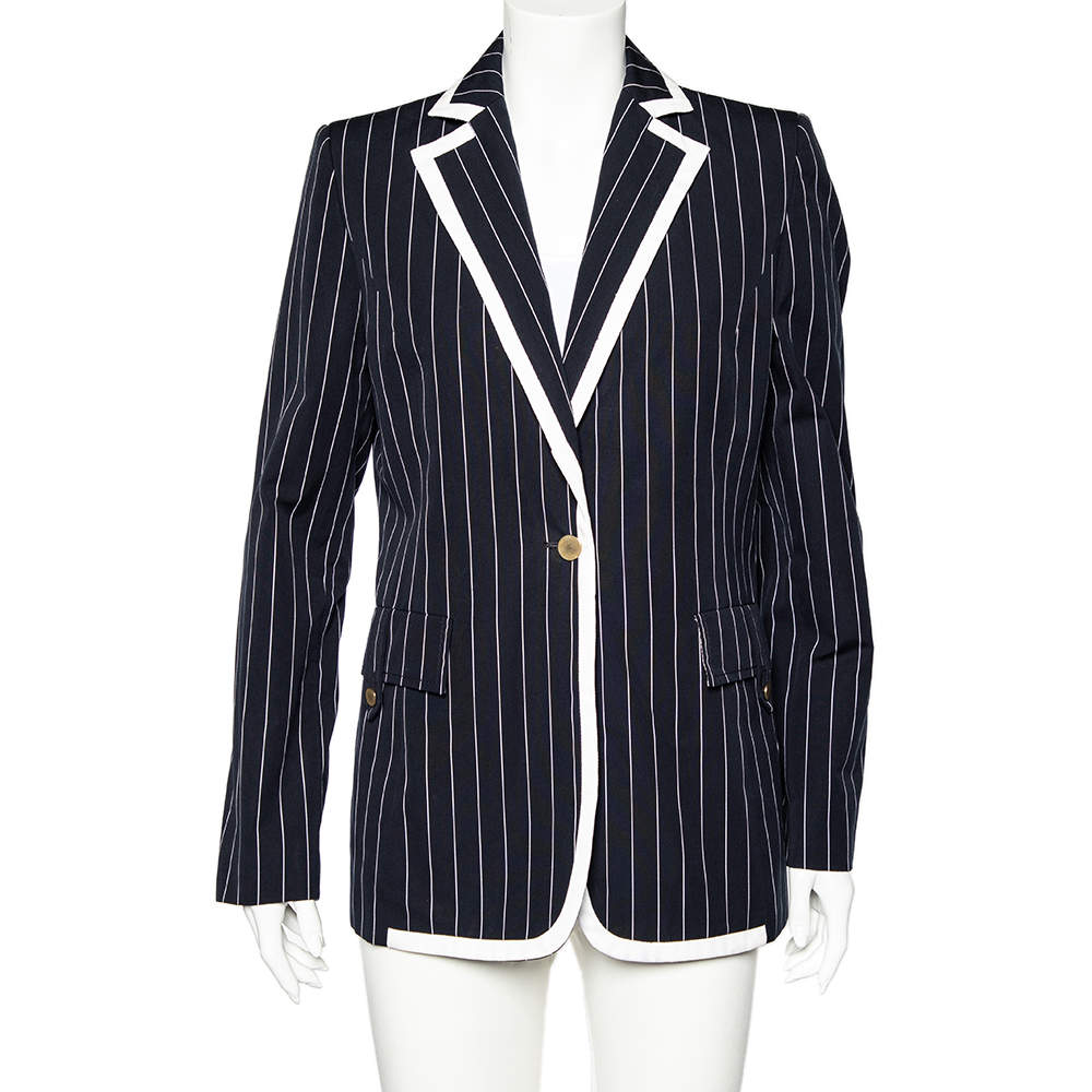 Valentino Midnight Blue Striped Cotton Button Front Blazer L