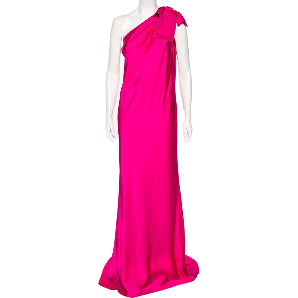 Pre Owned فستان ماكسي فالنتينو ساتان فوشيا بكتف واحد مقاس متوسط - ميديوم