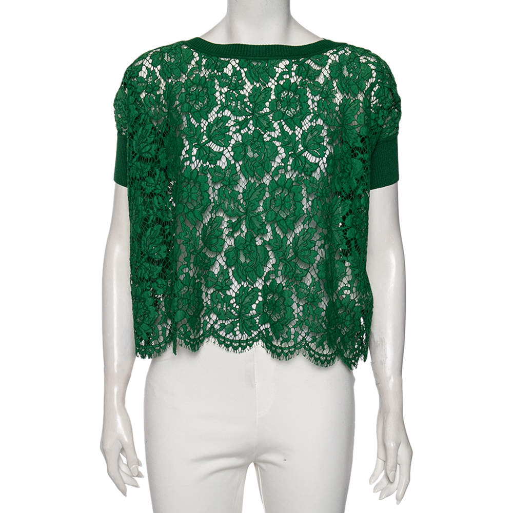 Pre Owned Valentino Green Lace And Knit Trim Oversized Top S