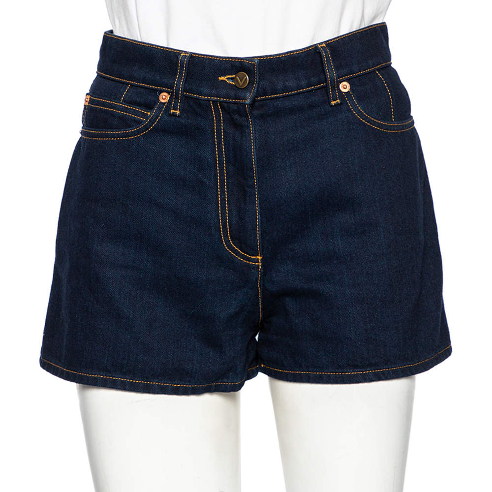 Pre Owned Valentino Blue Denim VLogo Detailed High Waisted Shorts S