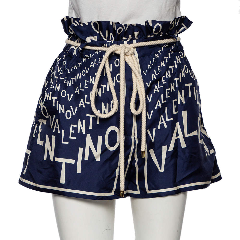 Pre Owned Valentino Blue Logo Print Silk Rope Belted High Waist Shorts M