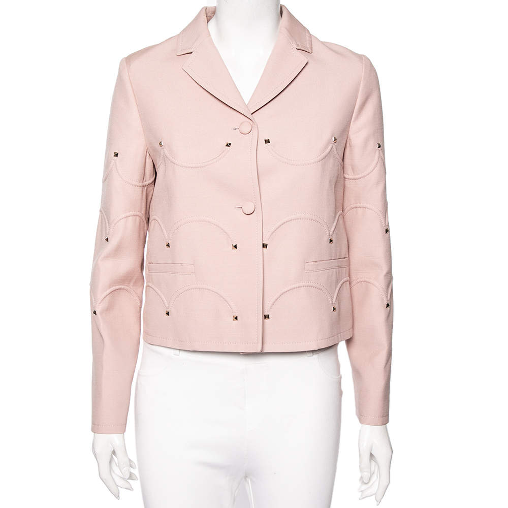 Pre Owned Valentino Dusky Pink Wool Crepe Rock Studded Button Front Jacket M
