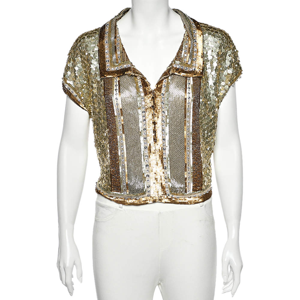 Pre Owned Valentino Gold Embellished Cap Sleeve Crop Top L