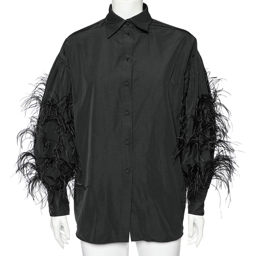 Pre Owned Valentino Black Cotton & Ostrich Feather Detailed Button Front Shirt M