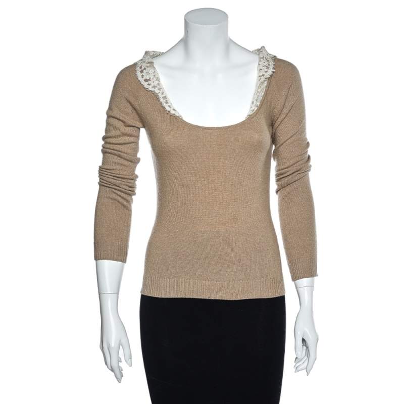 Pre Owned Valentino Vintage Beige Wool & Cashmere Lace Trim Detail Top S