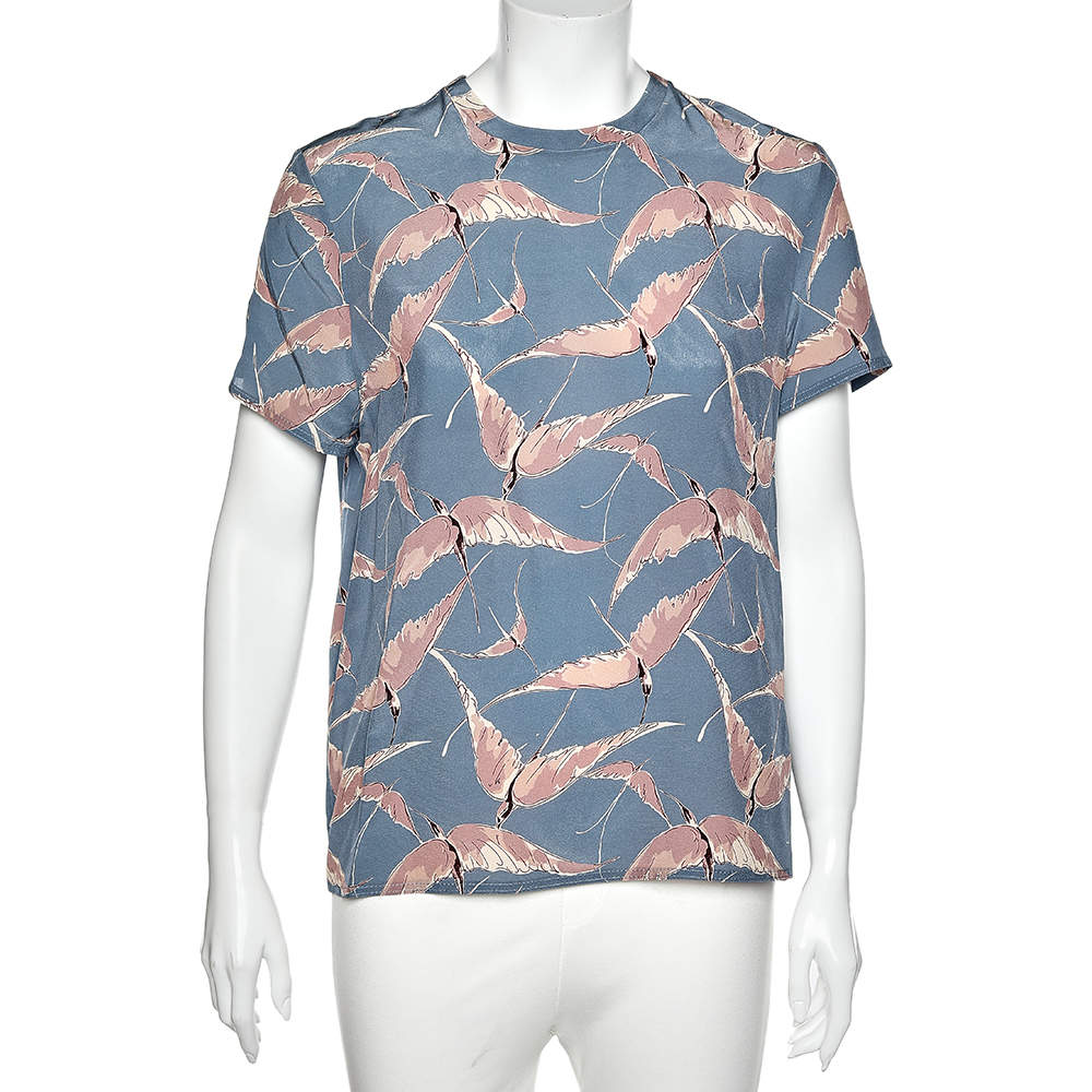 Pre Owned Valentino Blue Bird Printed Silk Top M