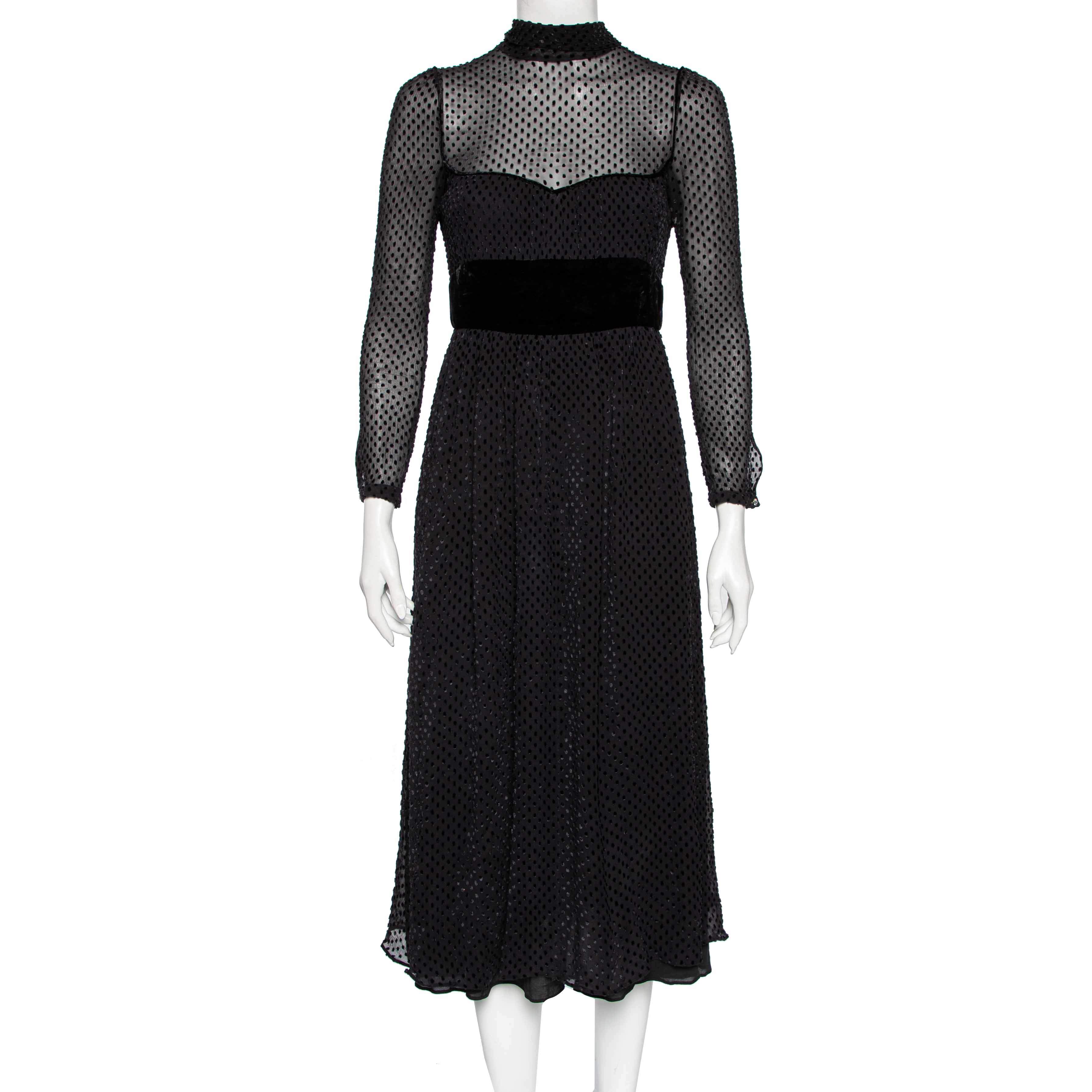 Pre Owned Valentino Black Velvet Polka Dotted & Silk Neck Tie Detailed Midi Dress M