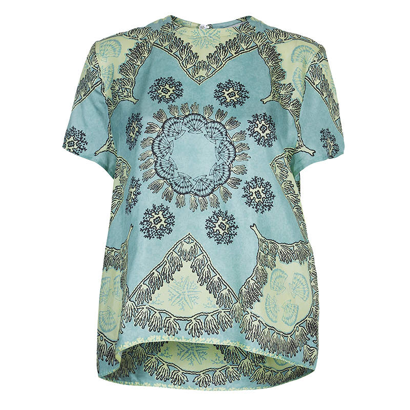 Pre Owned Valentino Mint Green Printed Short Sleeve Silk Top M