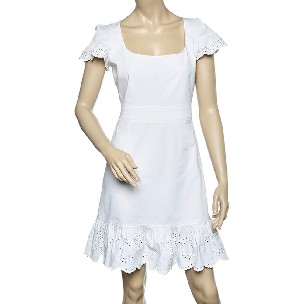 Pre Owned Valentino White Cotton Scallop Trim Detail Mini Dress M