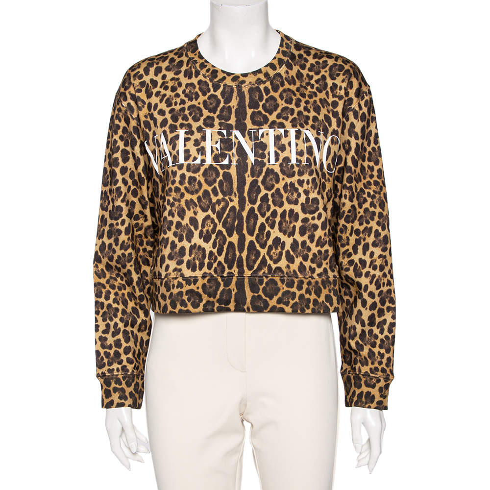 Pre Owned Valentino Brown Leopard Printed Cotton Cropped Sweatshirt L